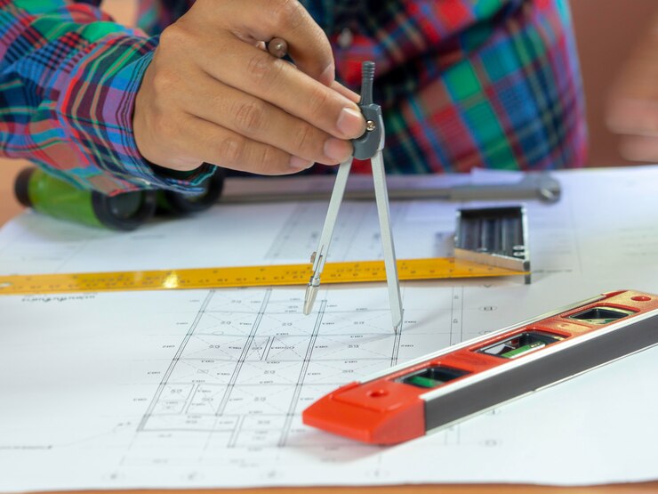 फोटो निर्माण ब्लूप्रिंट ड्राइंग बनाने के लिए इंजीनियरिंग उपयोग उपकरण