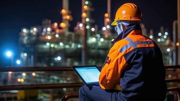Engineering werkende slimme tablet in de olie- en gasindustrie 's nachts brandstof en stroomopwekking Petrochemische fabriek industrie achtergrond Generatieve Ai-technologie