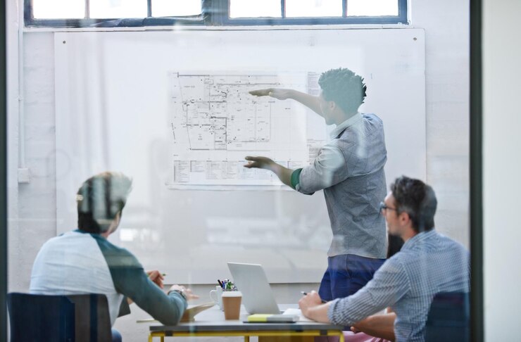 Photo engineering window or designer in presentation for floor plan meeting or startup project management glass leader or people in office for architecture ideas business or strategy for development