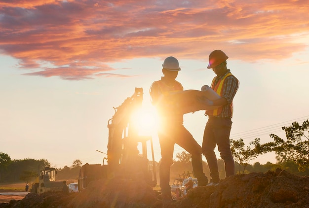 写真 エンジニアは道路建設に取り組んでいます。日没時にローラーコンパクター作業ダスト道路で道路建設現場で無線通信を保持しているエンジニア