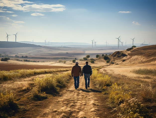 Engineers in the field against the backdrop of windmills Generative AI