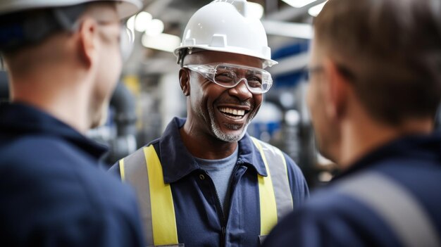 Photo engineers in gas plant talking