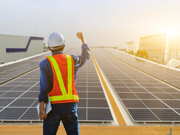 Engineers industry conducts functional testing and maintenance\
inspections of solar power plants operation and maintenance of\
solar power plants towards green energy innovation for life
