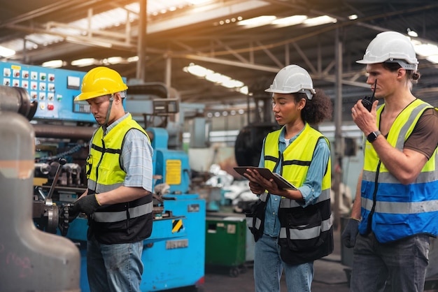 Photo engineers in an industry plant setting up machines vs a background of a machine factory.