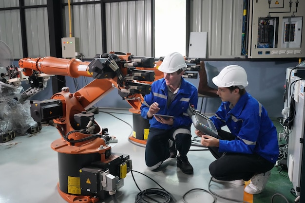 Engineers inspecting and check up machine of the automated arms machine welding robots at factory