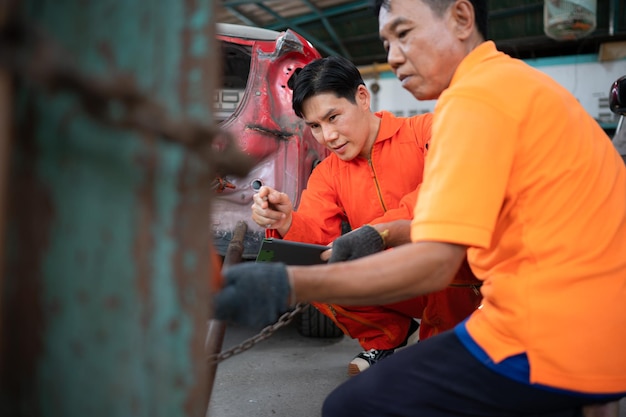 Engineers and mechanics use technology to detect faults in the operation of the engine in the garage