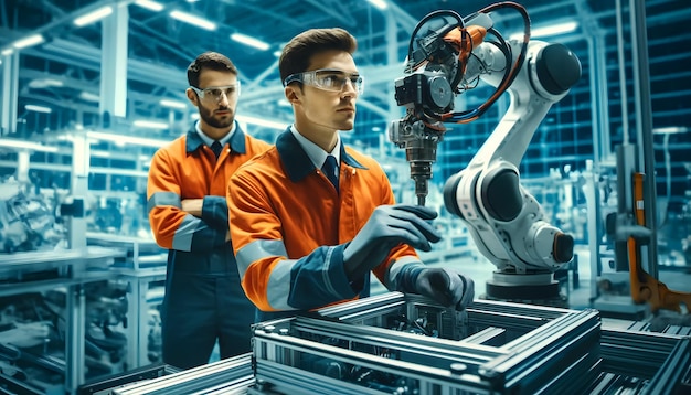 Photo engineers operating advanced robotic arm in factory