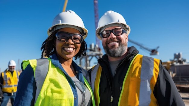 Engineers posing together in protective clothing and helmets at the work site