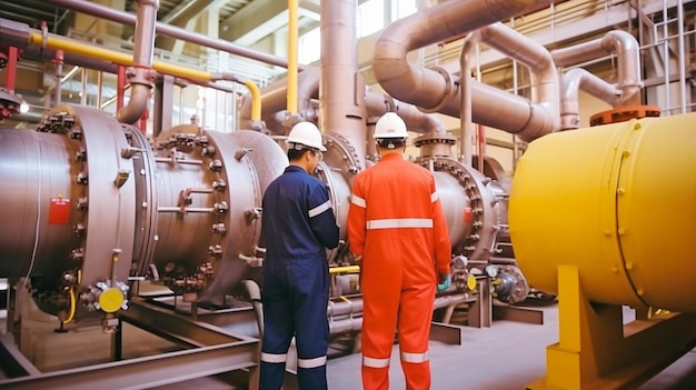 Инженеры или сотрудники нефтеперерабатывающих заводов, проверяющие работу генераторов и газопроводов Производство нефти и нефтехимический сектор GENERATE AI