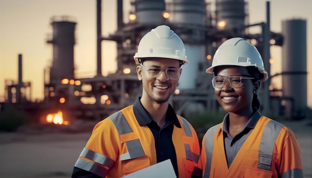 Engineers smiling and discussing in front of oil and gas sector plant industrial oil refineries Generative AI