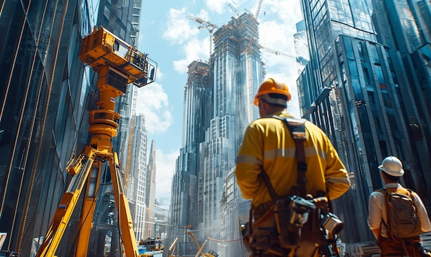 engineers surveying during the construction of a modern skyscraper