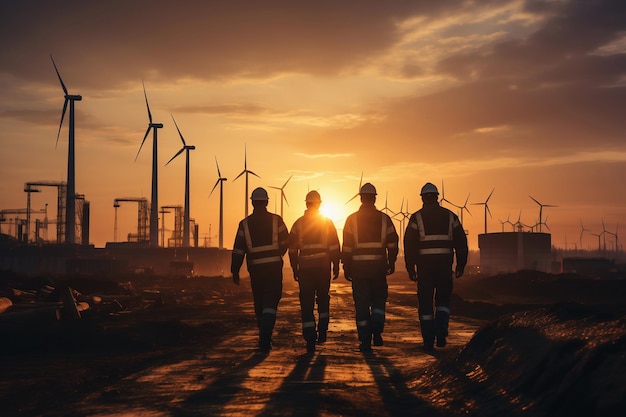 Фото Команда инженеров работает на ветряной электростанции на закате генеративный ии