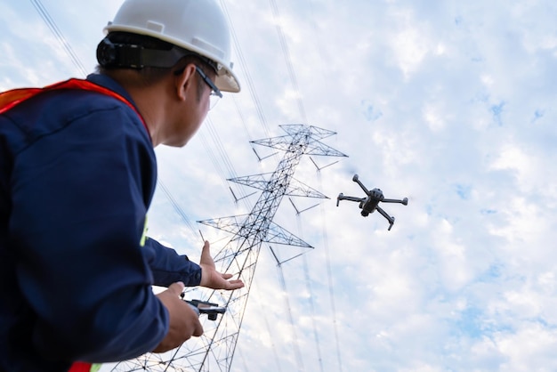 エンジニアまたは技術者がドローンを発射して、高電圧送電鉄塔から発電することで計画された作業のために発電所を検査しています。