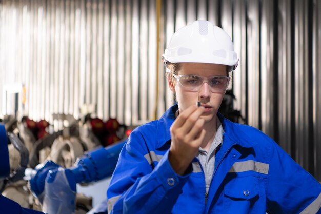 Engineers and technicians working together in a robotic arm factory Check the electronic spare parts