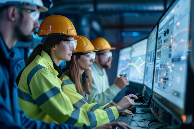 Engineers wearing hard hats collaborate on troubleshooting issues while ...