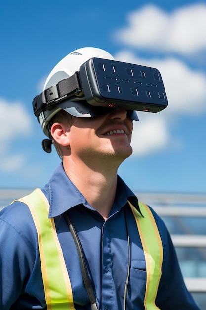 Engineers wearing virtual reality simulators designing and working on solar panels