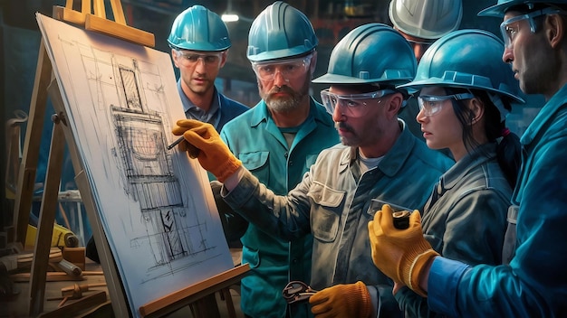 Engineers with helmets reviewing the sketch