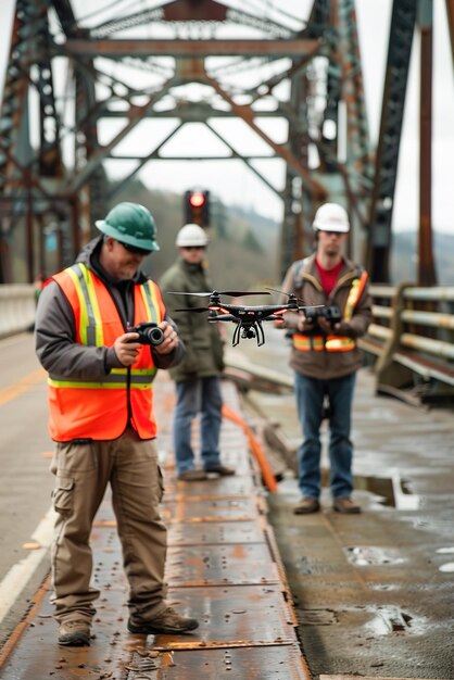 Photo engineers with remote controllers drones inspecting bridges utilizing advanced technology for infras