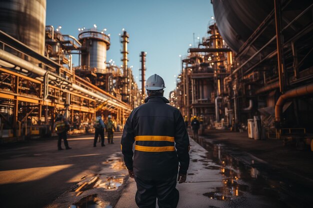 Photo engineers work in industrial area with the sunrise sky in the morning