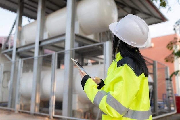 Foto gli ingegneri lavorano sul posto di lavoro per mantenere il programma di manutenzione preventiva dell'elio liquido che controlla la gente della thailandia