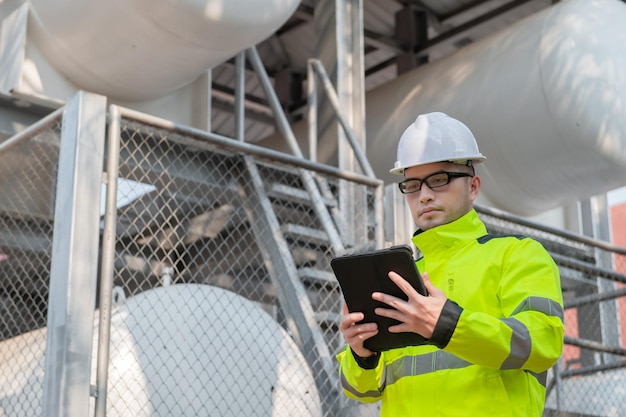 Gli ingegneri lavorano sul posto di lavoro per mantenere il programma di manutenzione preventiva dell'elio liquido che controlla la gente della thailandia