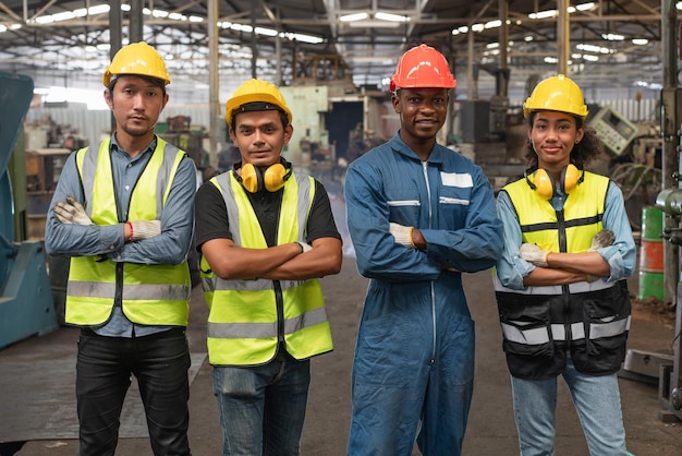 Ingegneri e lavoratori indossano giubbotti di sicurezza con caschi in piedi a braccio trasversale in una fabbrica industriale