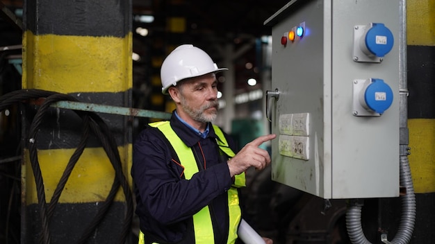 Engineers working at factory in powerplant and maintenance\
check on electric control box in factory