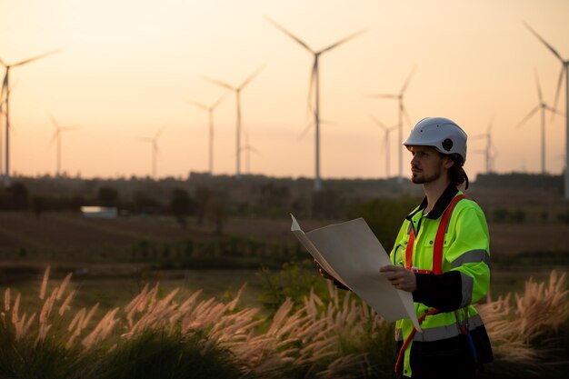 写真 風力発電所で働くエンジニアは,再生可能エネルギーを維持する責任があります.