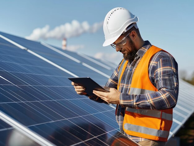 Photo engineers working at solar power plants