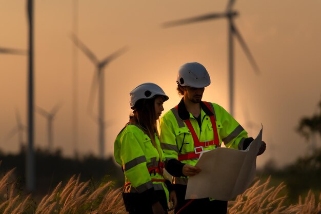 Photo engineers working on wind farms for renewable energy are responsible for maintaining