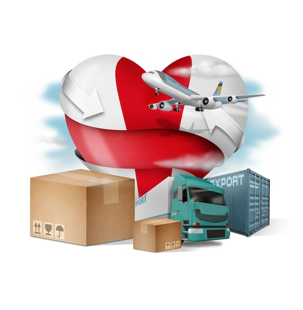 Englan flag with different means of transporting goods to do business importing and exporting