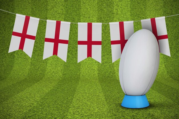 England flag bunting with a rugby ball and pitch 3D Rendering