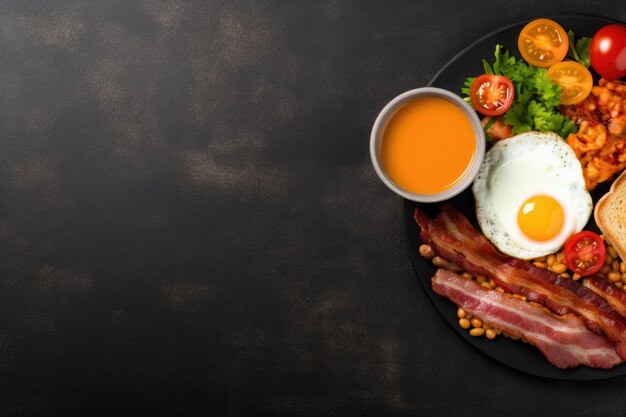 English breakfast on a plate with scrambled eggs sausages bacon beans toast and coffee on a dark stone background ai generative