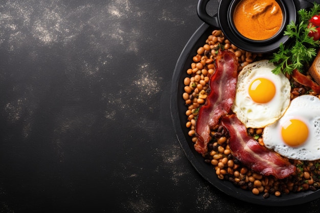 Английский завтрак на тарелке с яичницей-болтуньей, сосисками, беконом, бобами, тостами и кофе на фоне темного камня ai генеративный