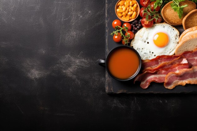 English breakfast on a plate with scrambled eggs sausages bacon beans toast and coffee on a dark stone background ai generative