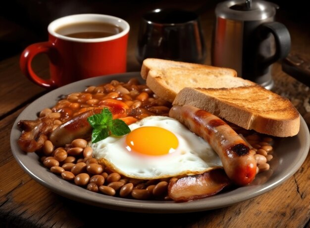 English breakfast with eggs bacon and beans