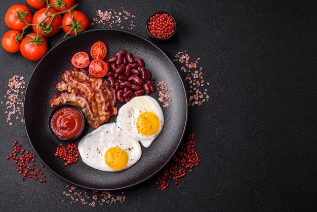 English breakfast with fried eggs bacon beans tomatoes spices and herbs