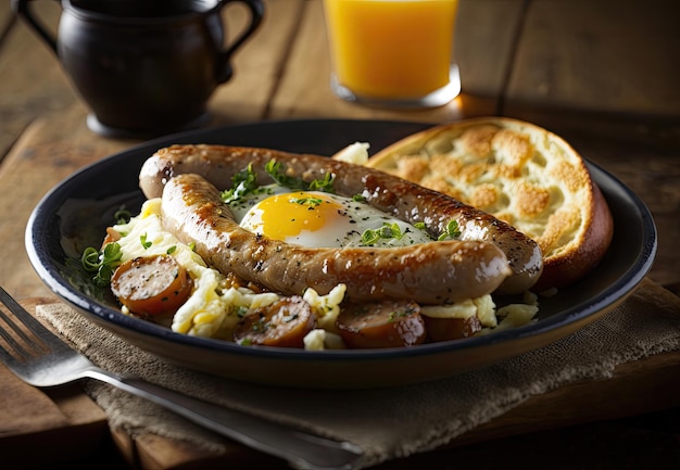 English breakfast with fries eggs toast and sausages Generative AI