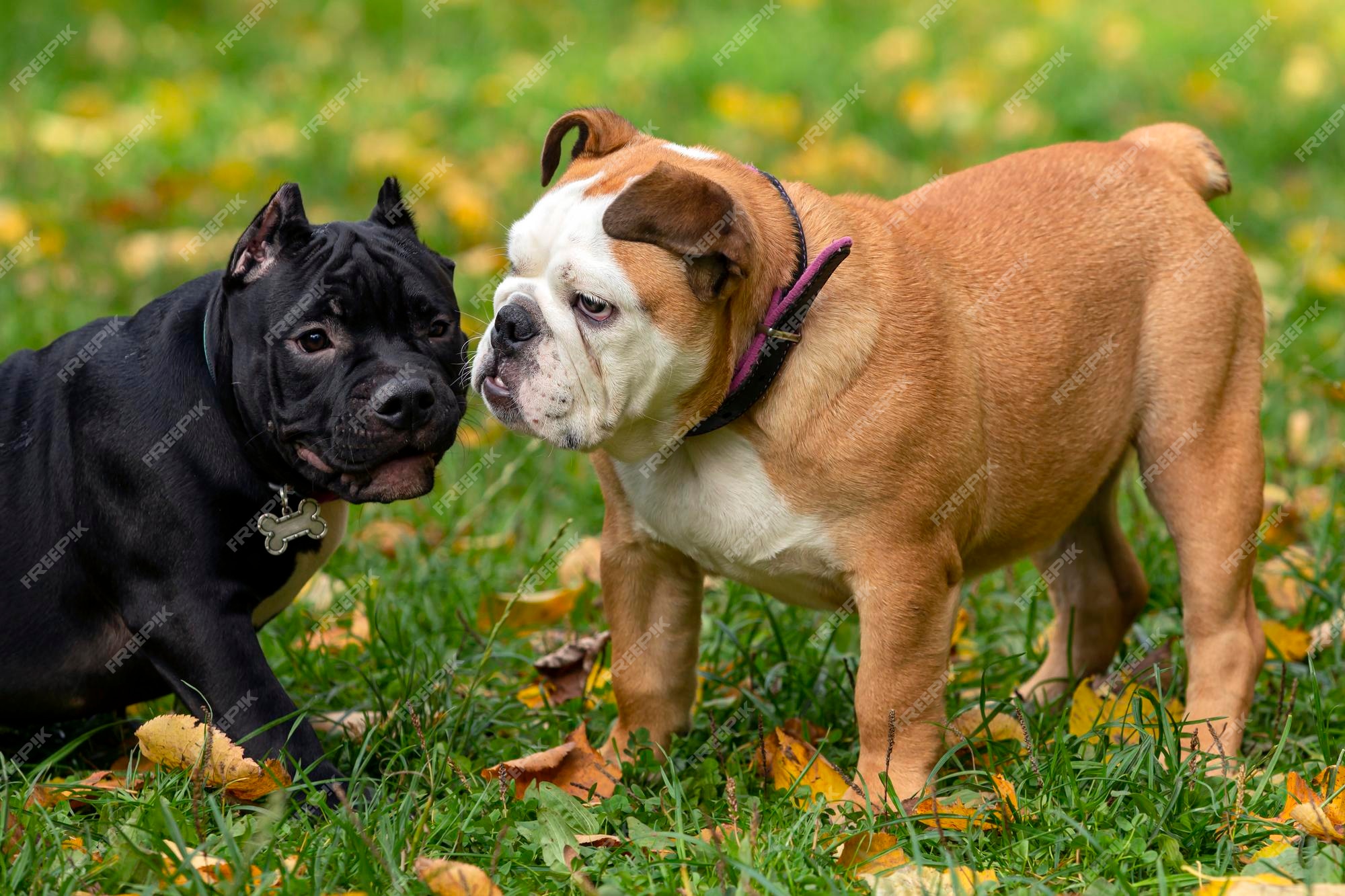 Premium Photo  English bulldog and american bully playing in the meadow..