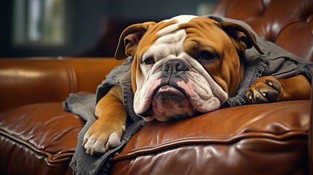 Английский бульдог собака собачий питомец на коричневом кожаным диване