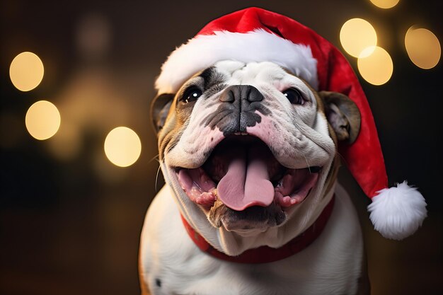 English bulldog dog wearing Santa's hat with christmas tree in the background