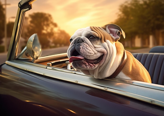 An English Bulldog enjoying a car ride with its head out of the window