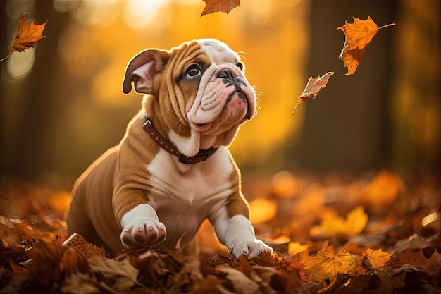 English bulldog pup watching leaf fall in fall