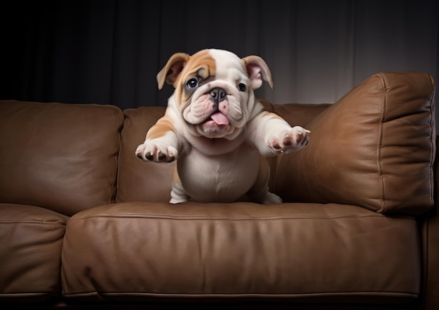 An English Bulldog puppy attempting to climb onto a big sofa