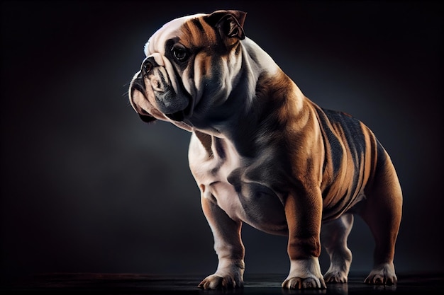 English bulldog standing and looking at the camera on a dark backgroundgenerative ai