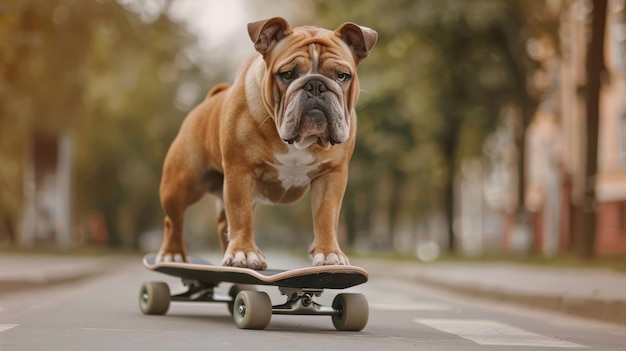 An English bulldog standing on a skateboard on the street