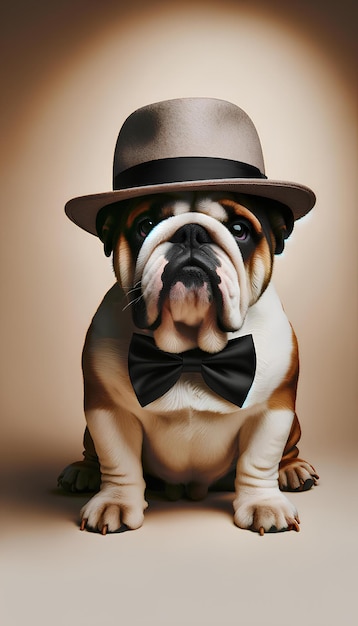 an English Bulldog wearing a stylish hat and bow tie set against a solid cream background