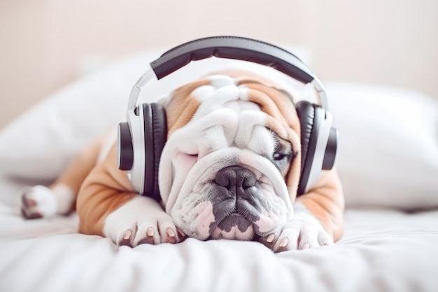 Photo english bulldog with closed eyes in headphones lies on a white bed generative ai
