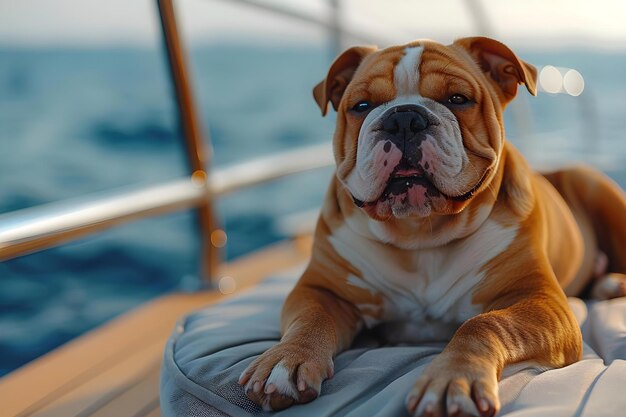 Photo english bulldog on yacht deck a unique blend of wildlife imagery and environment concept wildlife imagery environment english bulldog yacht deck wildlife photography