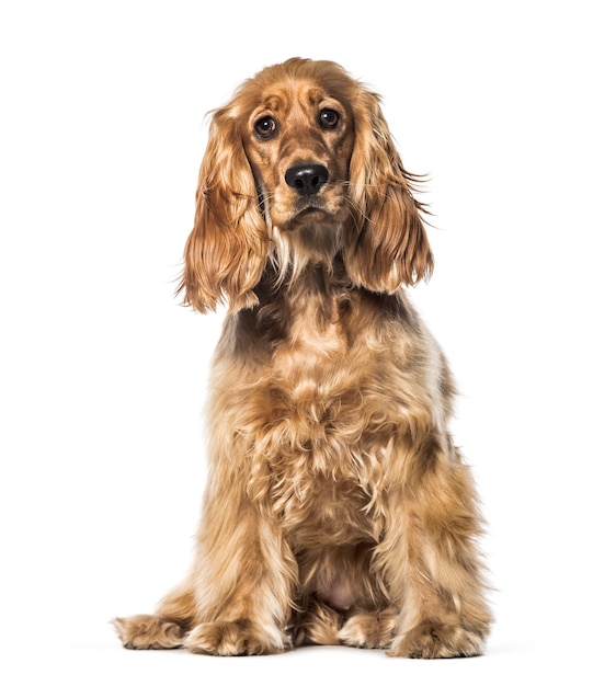 Cocker inglese seduto di fronte a uno sfondo bianco